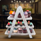 MHM 3 Tier Serving Tray Farmhouse Rustic Gray Wooden 3-Tier Serving Tray - 3 Tier Cupcake Stand Collapsible White Grey Rustic Serving Tray for Parties and Picnics