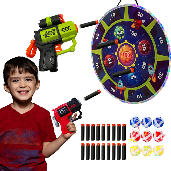 MHM's Interactive LED Dart Board Set with 2 Toy Guns & 20 Bullets | Indoor & Outdoor Fun Games for Kids 8-12 | Juegos para Niños | Perfect Boy Gifts | Double-Sided Dart Board for Kids