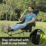 MHM Portable Camping Chair with Footrest, High Back Reclining Lightweight Folding Chair with Cup Holder, Storage Pocket & Carry Bag for Camping, Beach, Backpacking, Outdoor