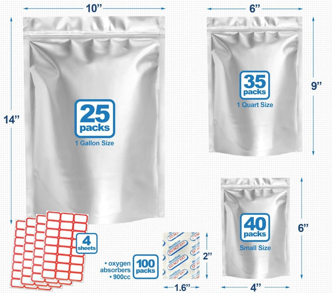 Food Container Storage Mylar Bags, 100 Pcs with Oxygen Absorbers and  Labels, Resealable Ziplock Bags for Heat Sealable, 3 Sizes (Gallon, Quart,  Small), Thick 10 Mil