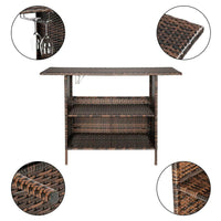 Outdoor Rattan Wicker Patio Bar Counter Table with Shelves and Steel Glass Racks