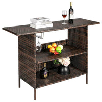 Outdoor Rattan Wicker Patio Bar Counter Table with Shelves and Steel Glass Racks