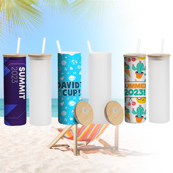 MHM Glass Sublimation Tumblers Sublimation Glass Blank Tumbler Skinny Frosted 20oz with Bamboo Lid and Straw Sublimation Cups Frosted Glass Sublimation Tumbler