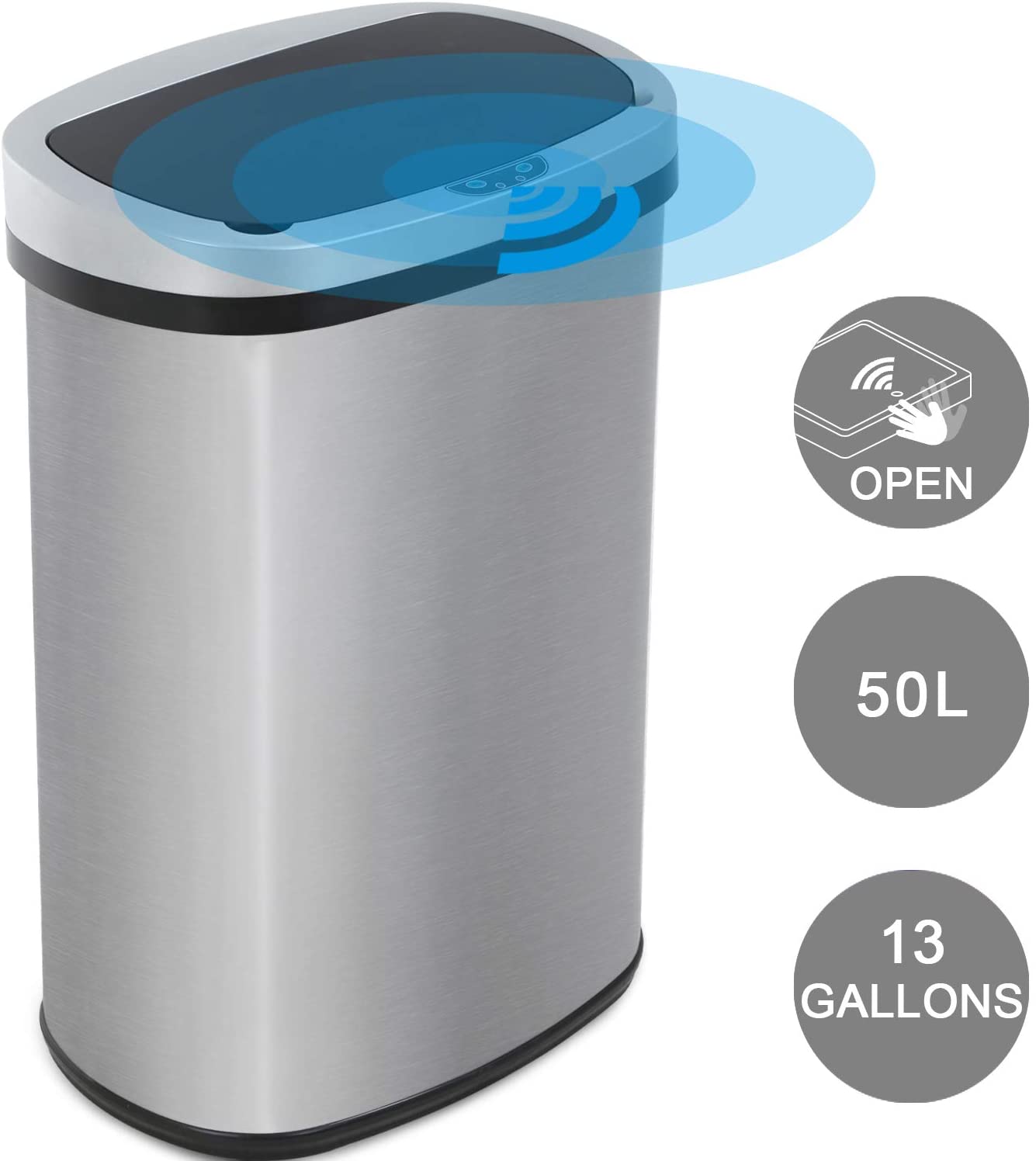 Automatic Trash Can, 13 Gallon Kitchen Trash Can, Touchfree Garbage Cans  for Kitchen, Stainless Steel Trash Can with Lid, Tall Motion Sensor Trash