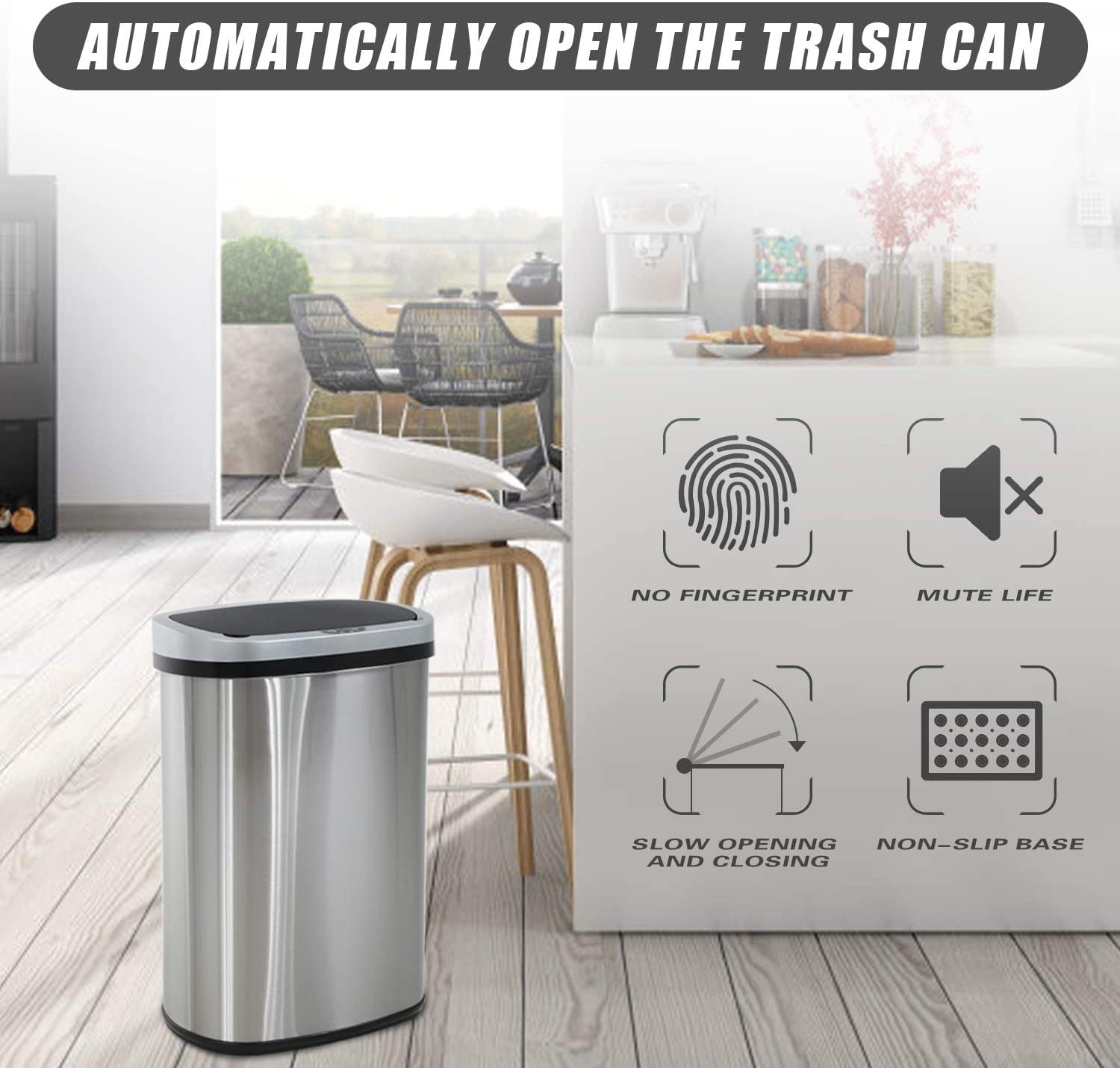 13-Gallon Touch Free Automatic Trash Can Stainless Steel Kitchen